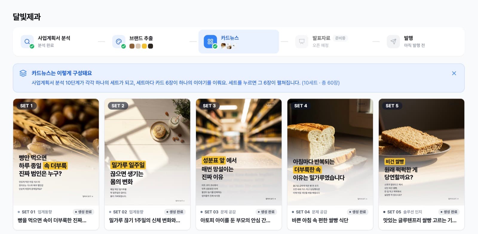 달빛제과 프로젝트의 여정 화면 — 브랜드 확정 후 카드뉴스 세트 생성